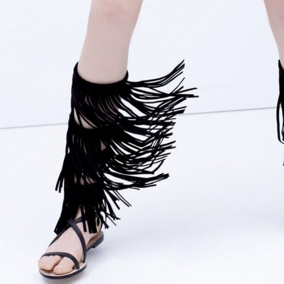 Zara Suede Leather Tall Fringe Gladiator Sandals 6 - Picture 2 of 6
